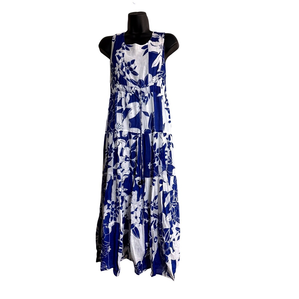 Vanya Desire Blue White Floral Cotton Maxi Dress Women SP Tiered Boho Sleeveless